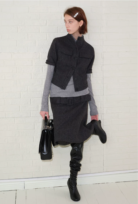 Belted Wool A-Line Skirt