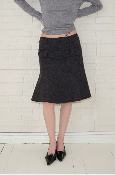 Belted Wool A-Line Skirt