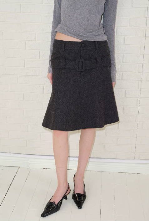 Belted Wool A-Line Skirt