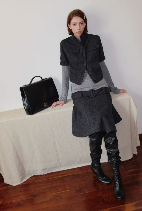 Belted Wool A-Line Skirt