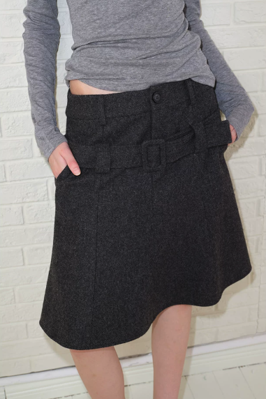 Belted Wool A-Line Skirt