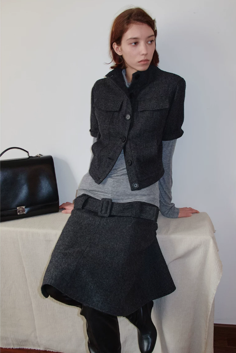 Belted Wool A-Line Skirt