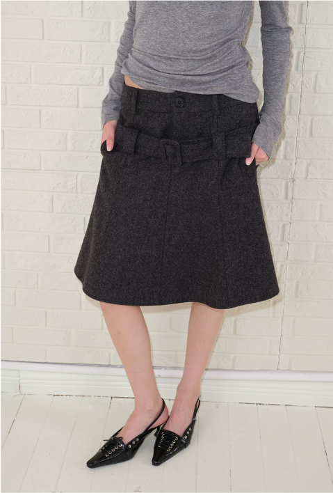 Belted Wool A-Line Skirt