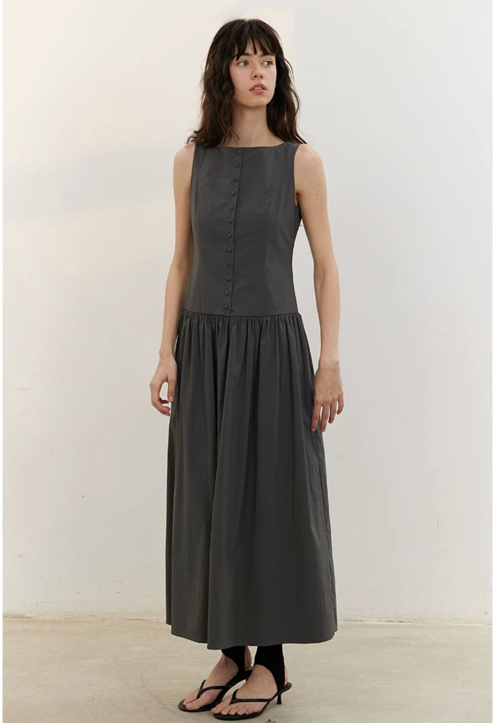 Buttonfront Gathered Maxi Dress