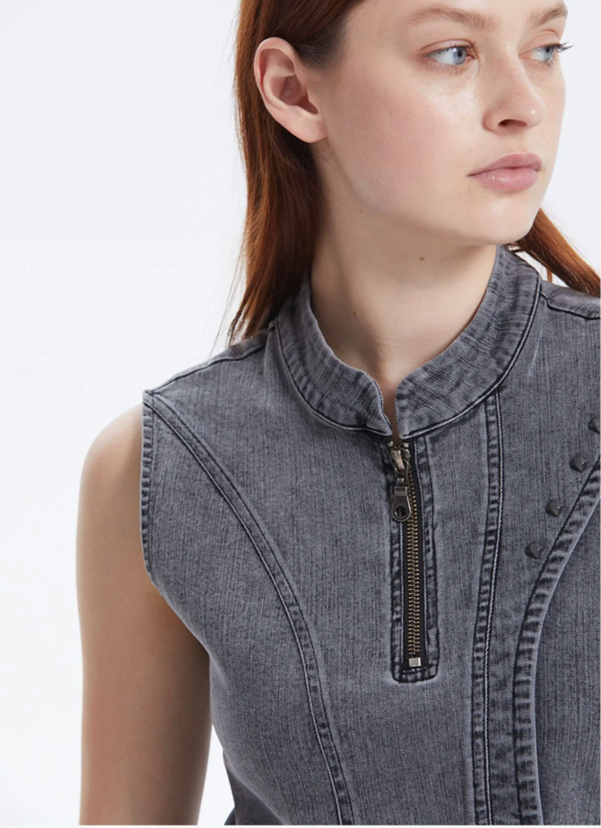 Contour Zip Studded Denim Tank