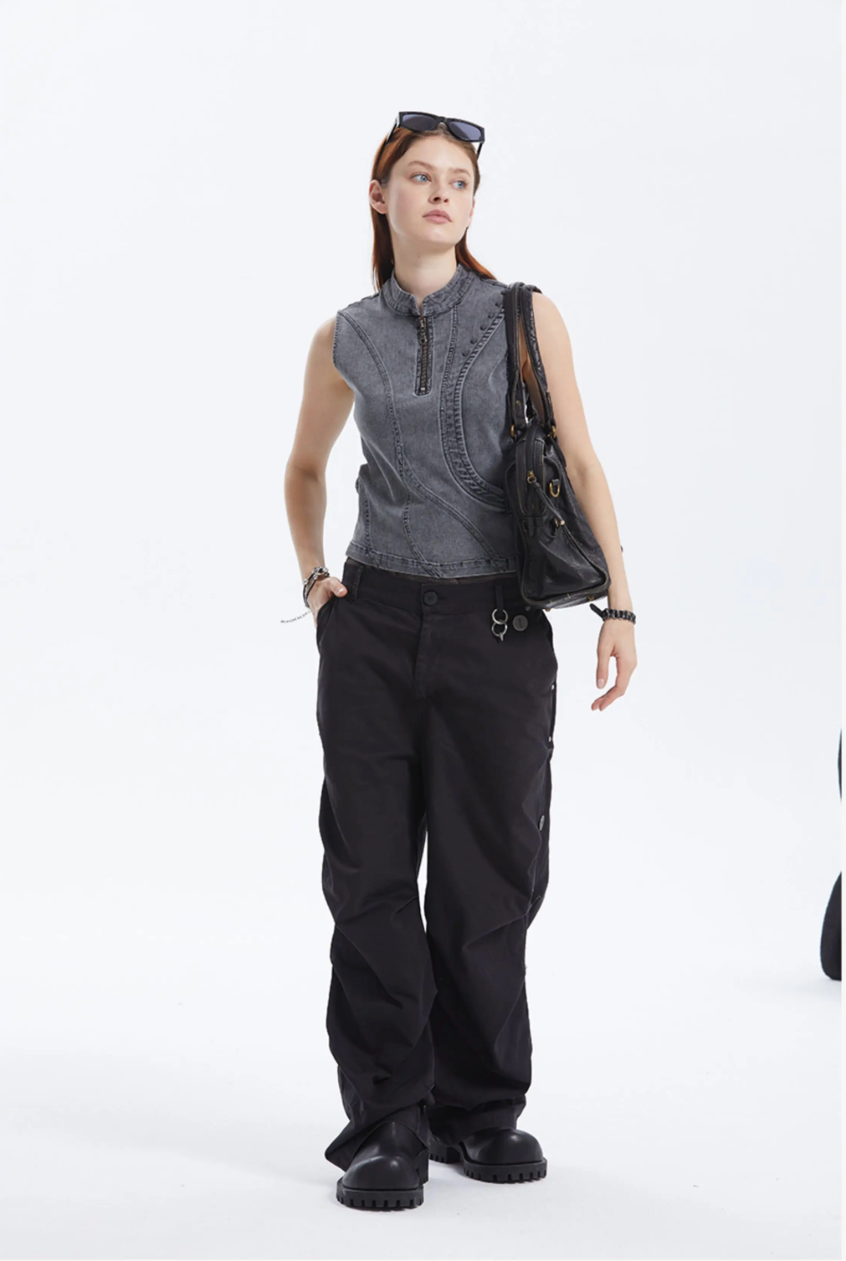 Contour Zip Studded Denim Tank