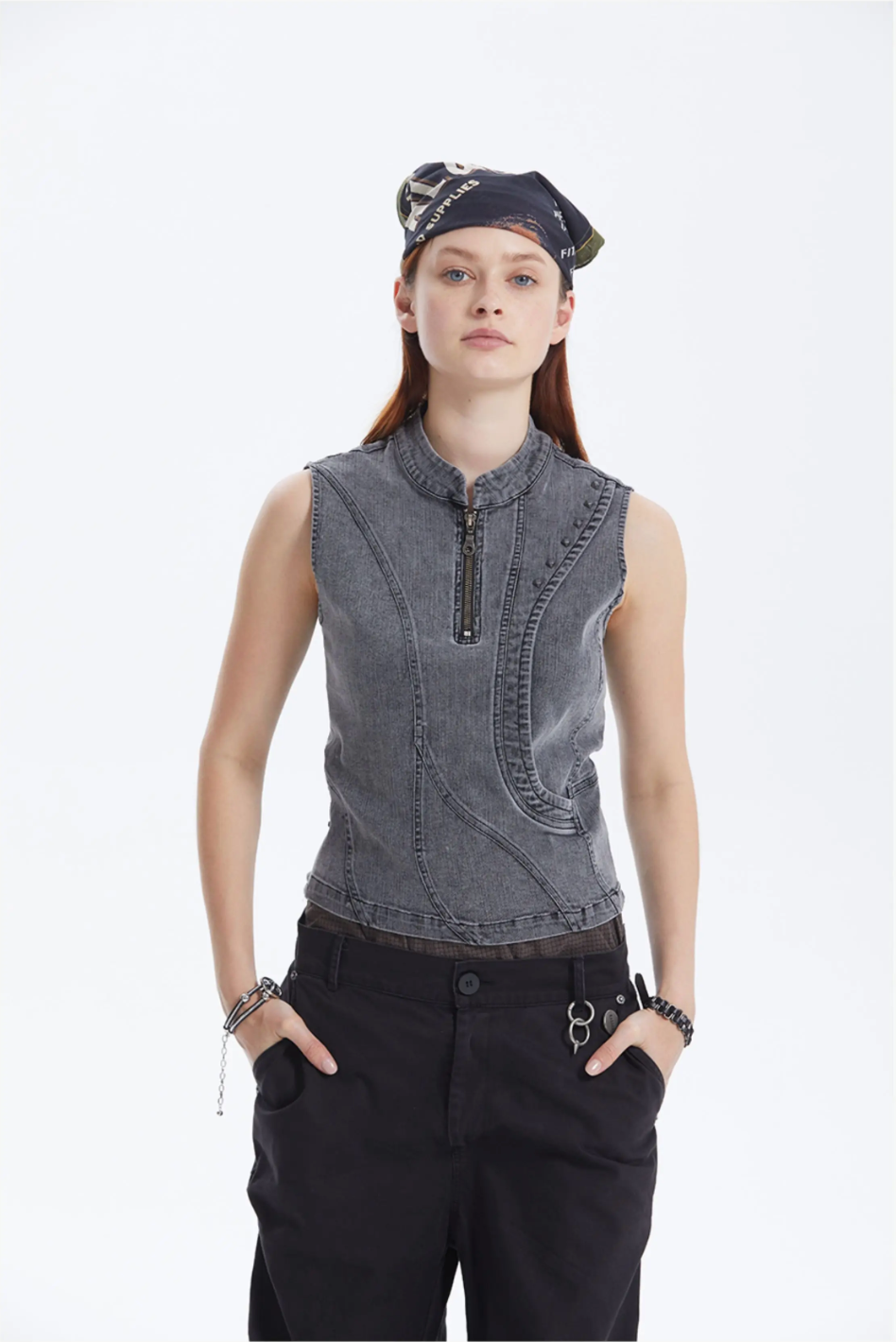 Contour Zip Studded Denim Tank