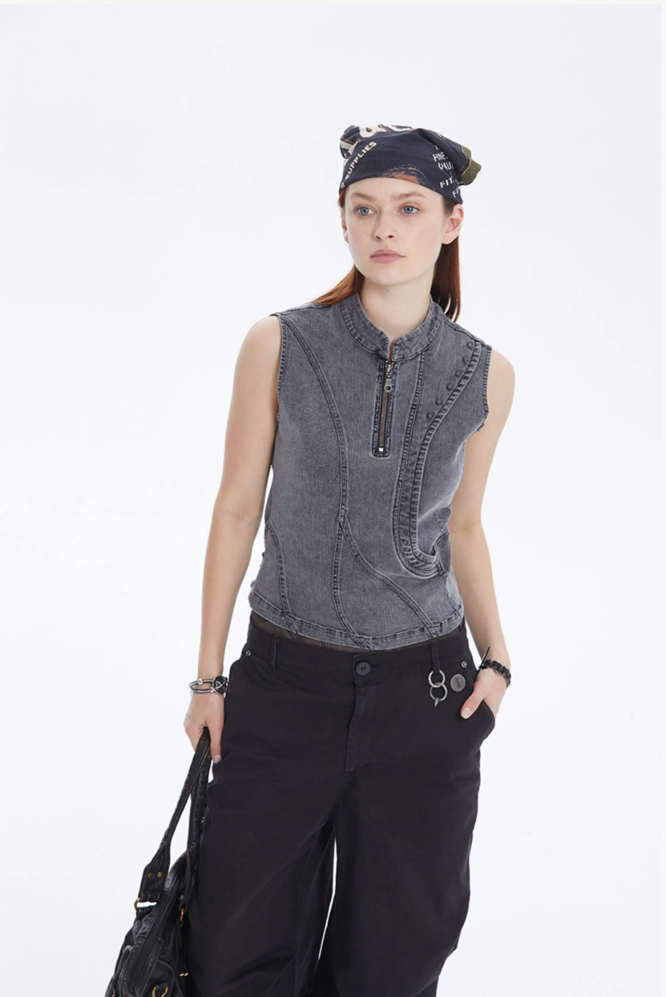 Contour Zip Studded Denim Tank