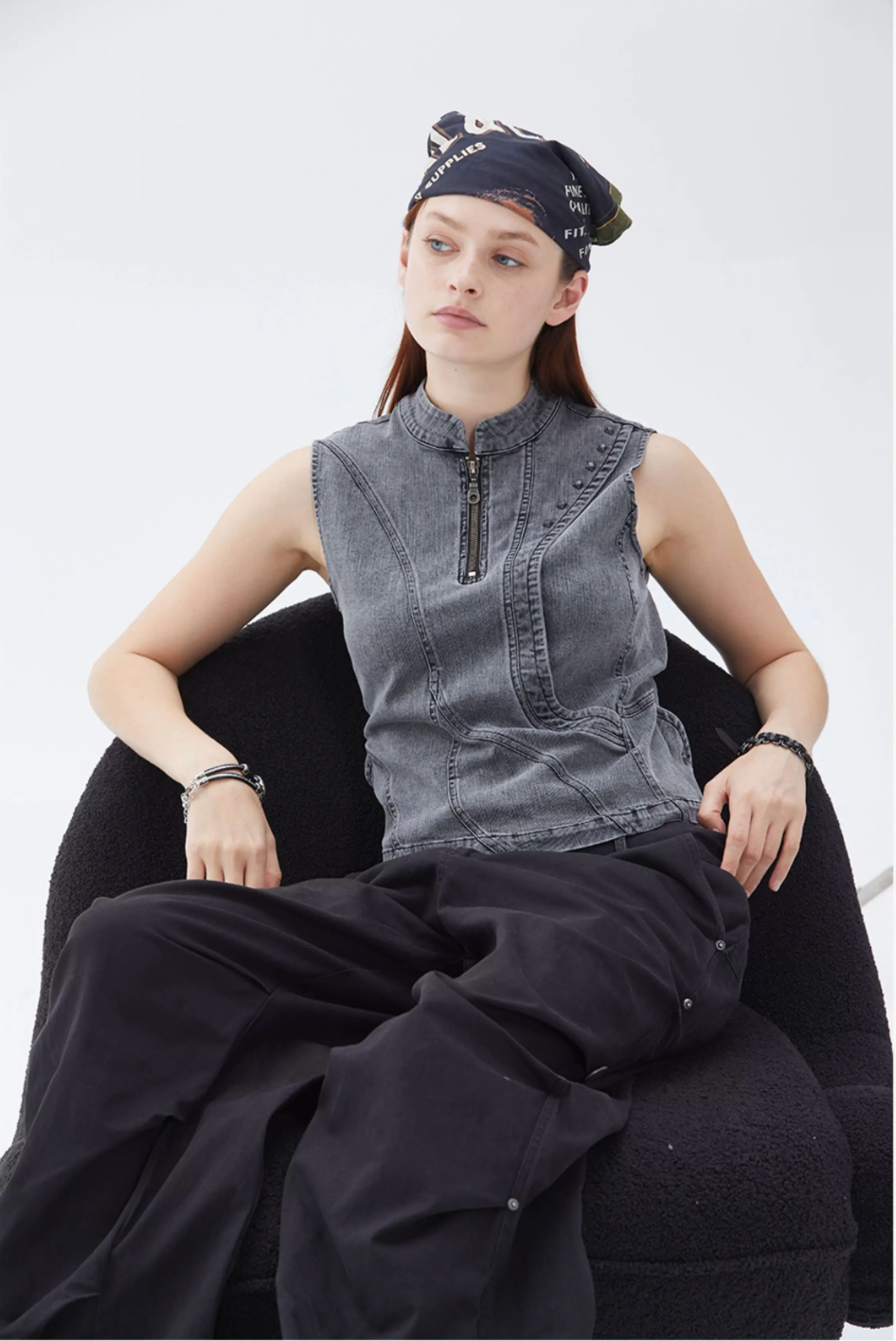 Contour Zip Studded Denim Tank