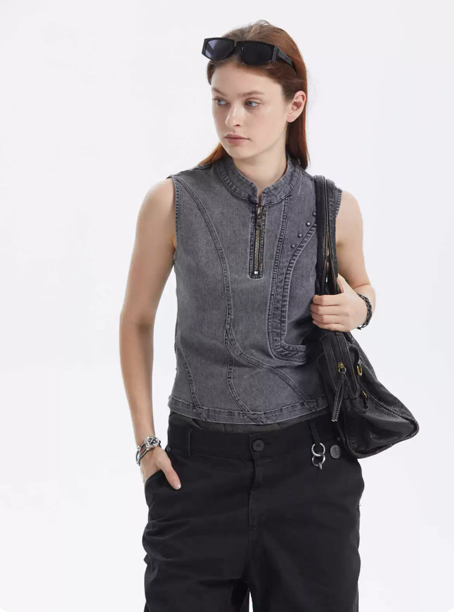 Contour Zip Studded Denim Tank