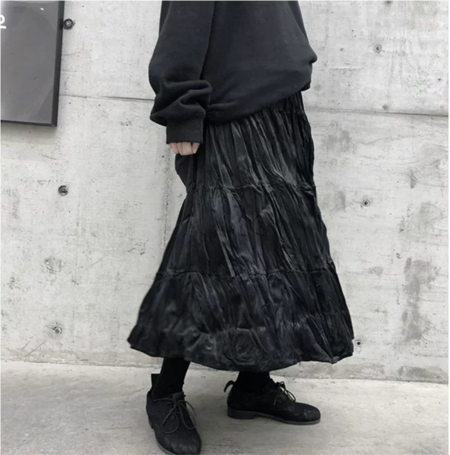 Crinkled Velvet Tiered Midi Skirt