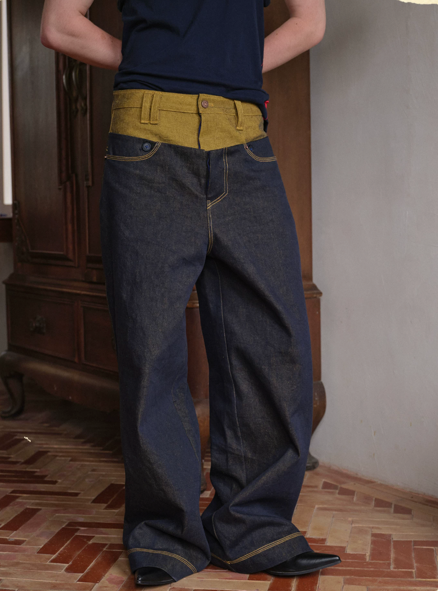 Tibetan Yellow Ember | Contrast Panel Wide-Leg Jeans