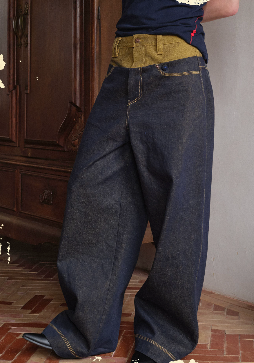 Tibetan Yellow Ember | Contrast Panel Wide-Leg Jeans