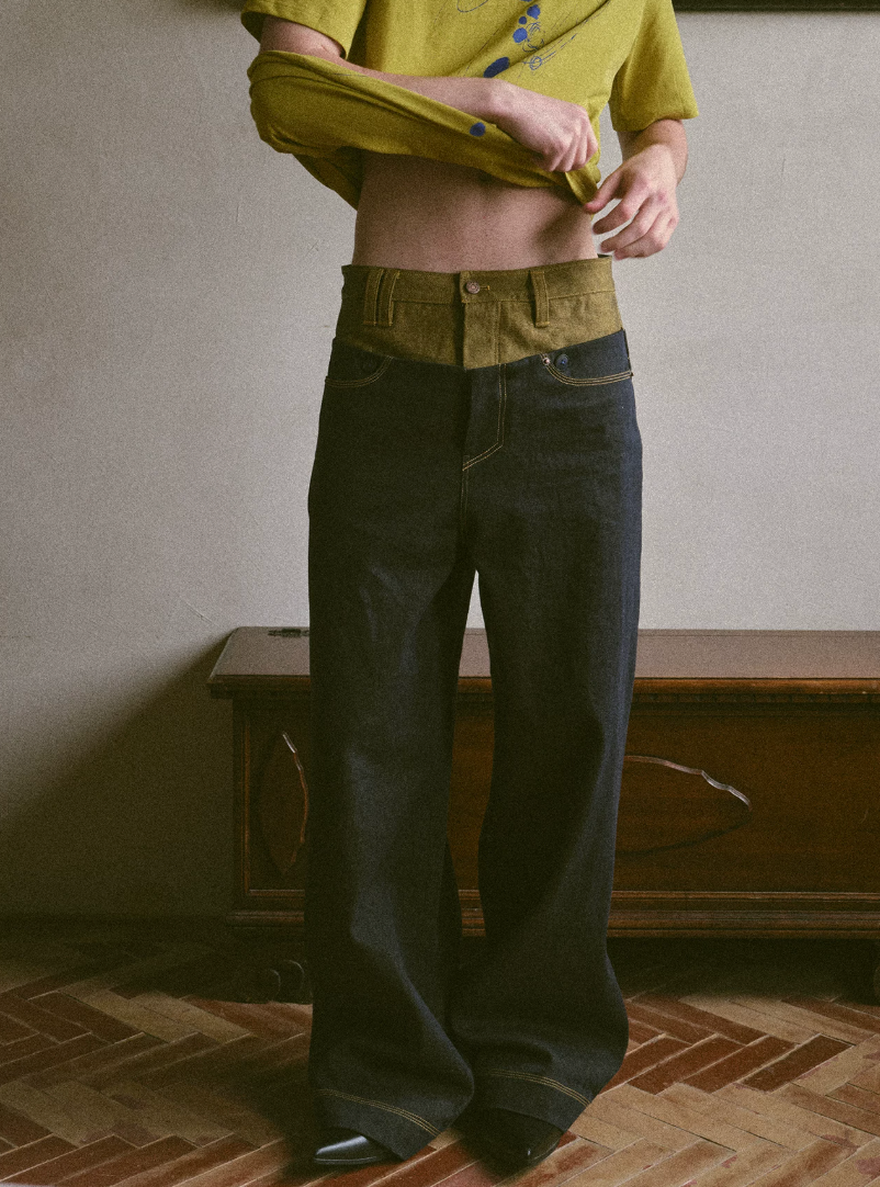 Tibetan Yellow Ember | Contrast Panel Wide-Leg Jeans
