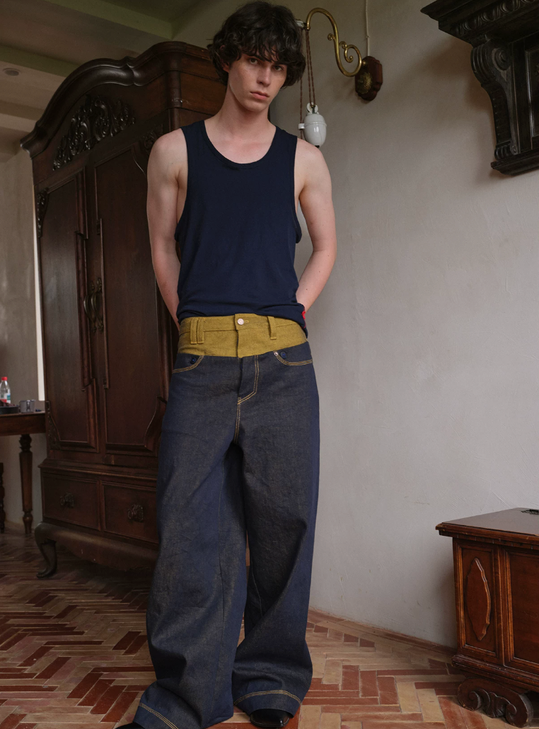 Tibetan Yellow Ember | Contrast Panel Wide-Leg Jeans