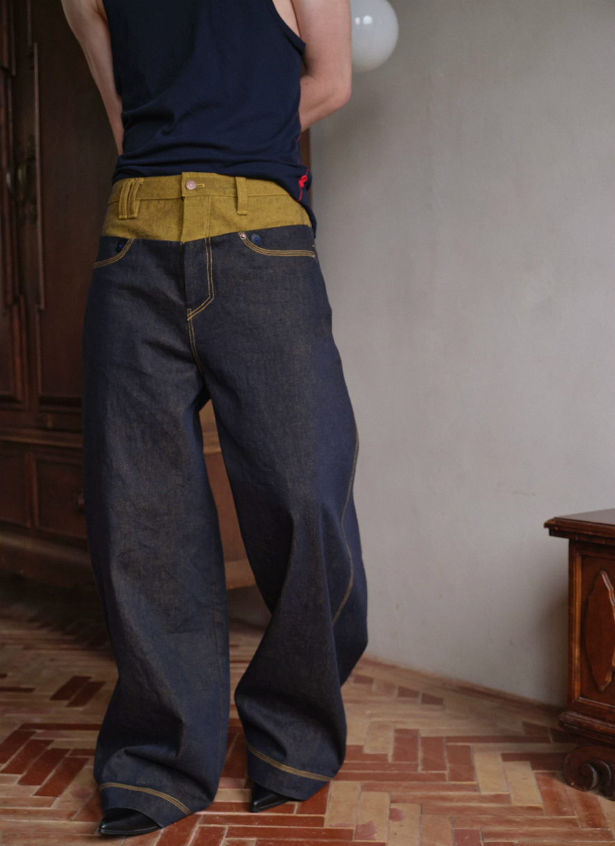 Tibetan Yellow Ember | Contrast Panel Wide-Leg Jeans