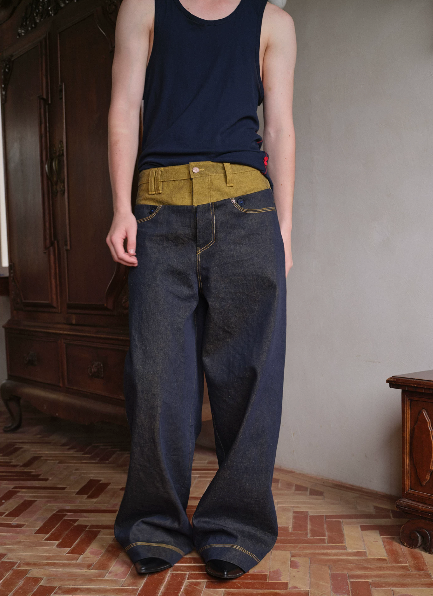 Tibetan Yellow Ember | Contrast Panel Wide-Leg Jeans