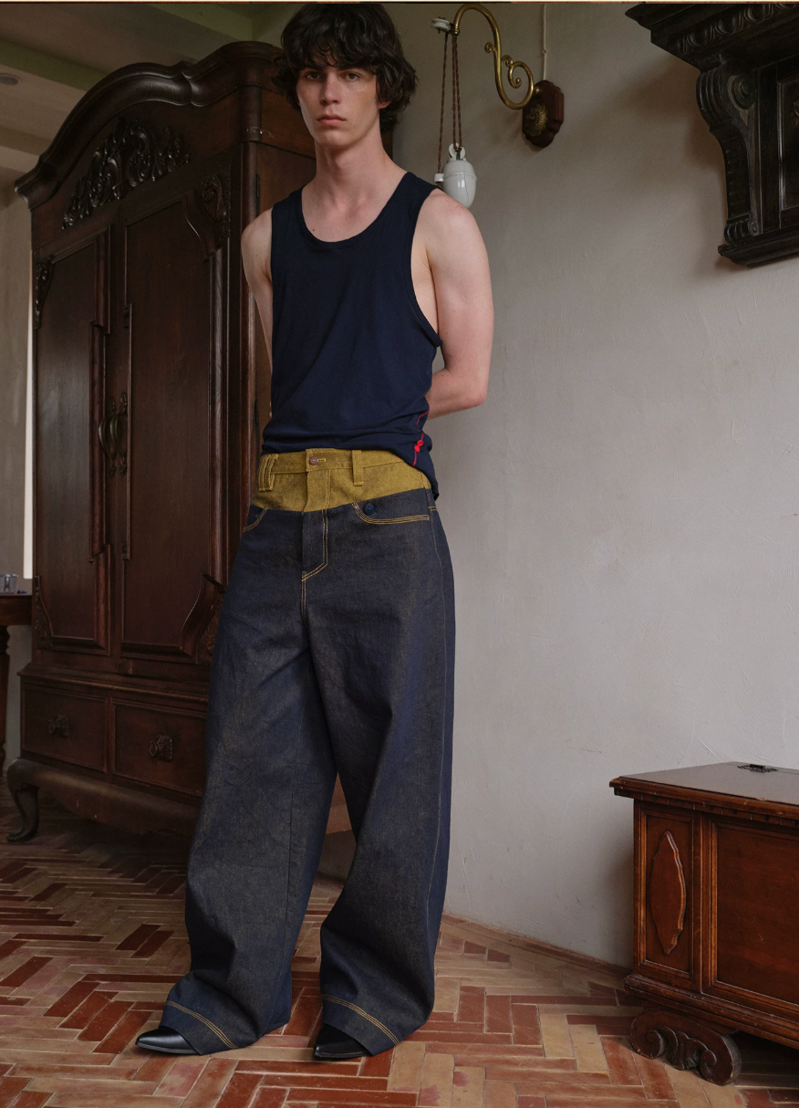 Tibetan Yellow Ember | Contrast Panel Wide-Leg Jeans