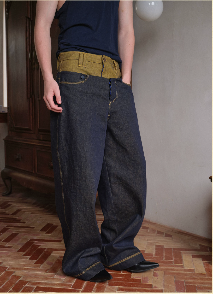Tibetan Yellow Ember | Contrast Panel Wide-Leg Jeans