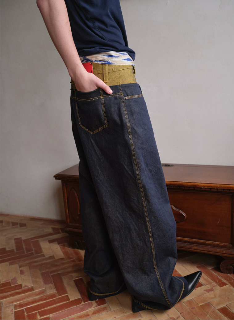 Tibetan Yellow Ember | Contrast Panel Wide-Leg Jeans