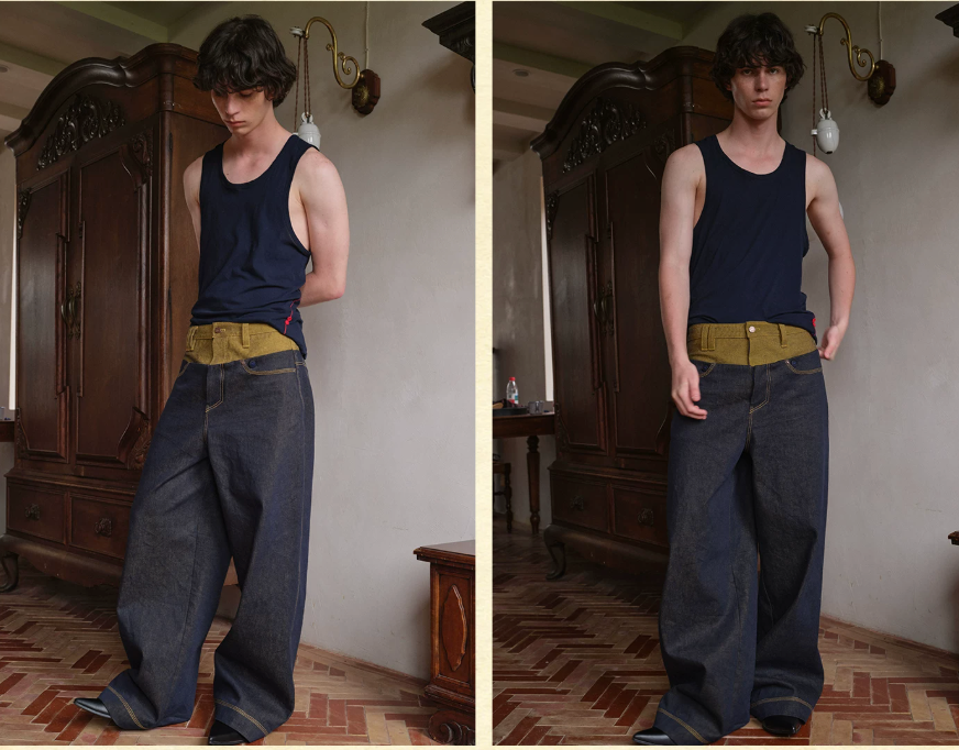 Tibetan Yellow Ember | Contrast Panel Wide-Leg Jeans