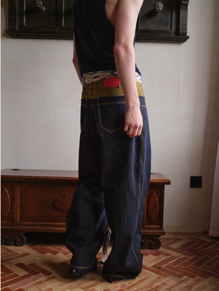Tibetan Yellow Ember | Contrast Panel Wide-Leg Jeans