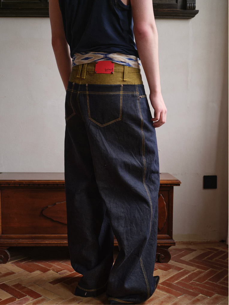 Tibetan Yellow Ember | Contrast Panel Wide-Leg Jeans