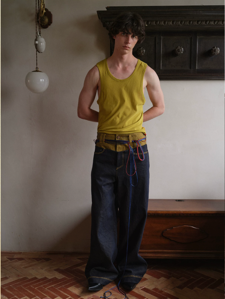 Tibetan Yellow Ember | Contrast Panel Wide-Leg Jeans