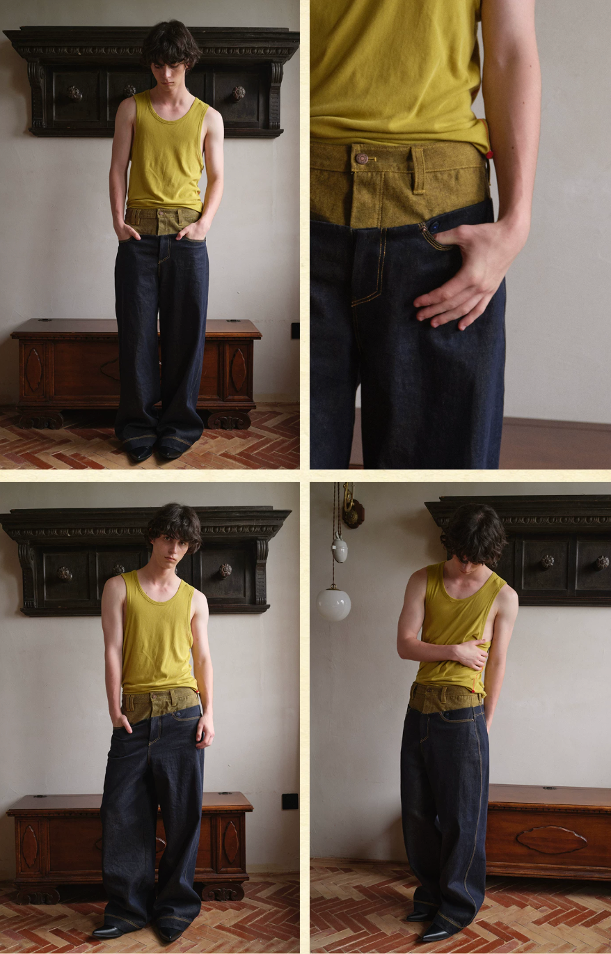 Tibetan Yellow Ember | Contrast Panel Wide-Leg Jeans