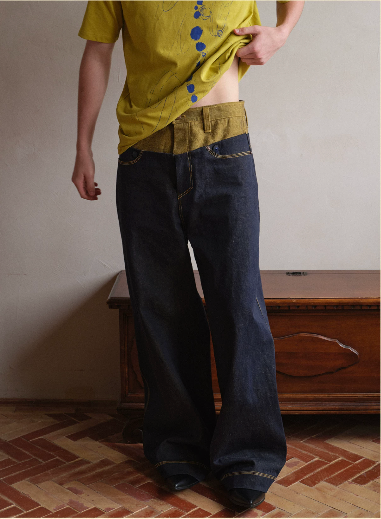 Tibetan Yellow Ember | Contrast Panel Wide-Leg Jeans