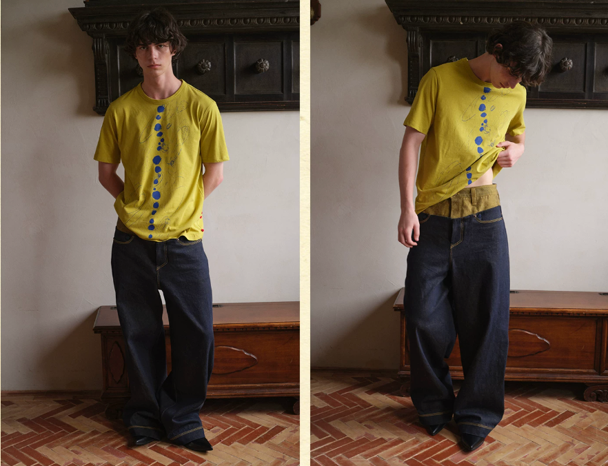 Tibetan Yellow Ember | Contrast Panel Wide-Leg Jeans