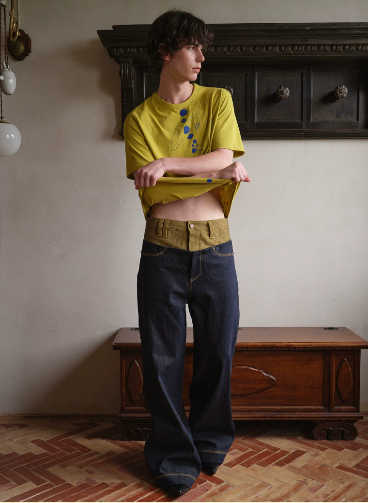 Tibetan Yellow Ember | Contrast Panel Wide-Leg Jeans