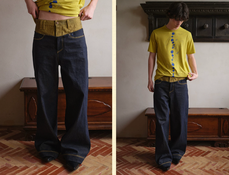 Tibetan Yellow Ember | Contrast Panel Wide-Leg Jeans