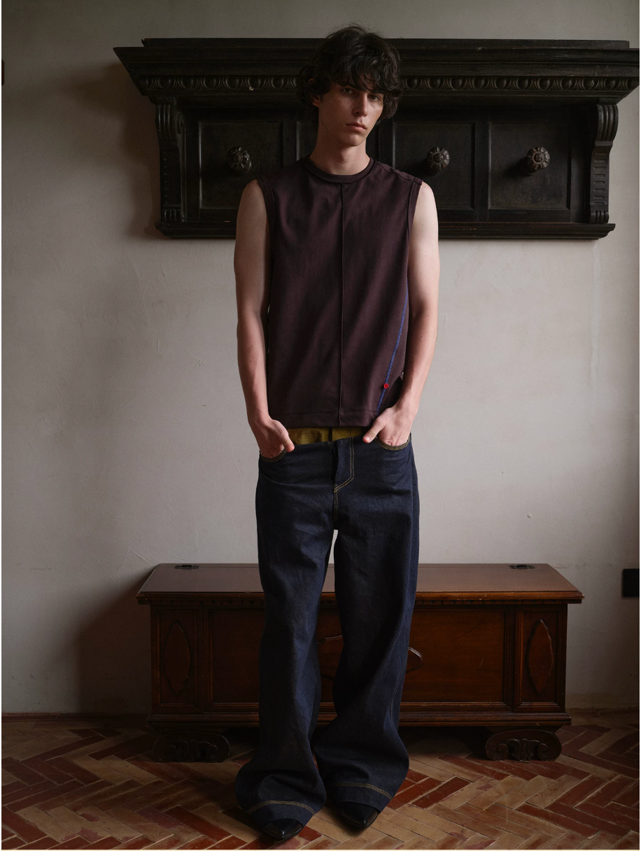 Tibetan Yellow Ember | Contrast Panel Wide-Leg Jeans