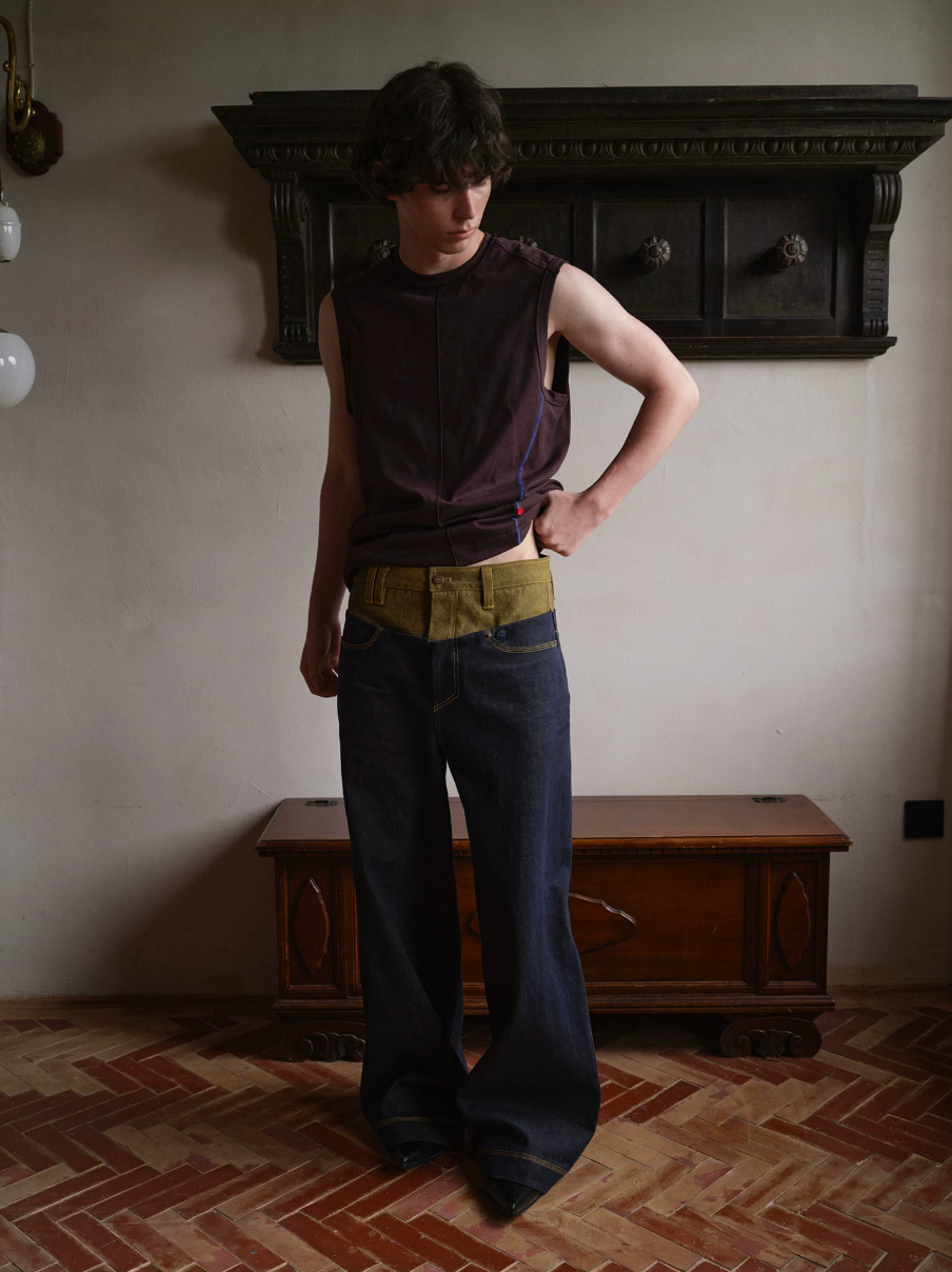 Tibetan Yellow Ember | Contrast Panel Wide-Leg Jeans