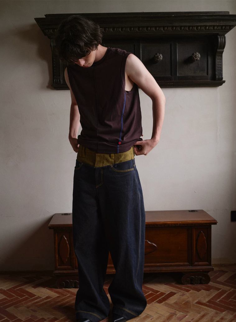Tibetan Yellow Ember | Contrast Panel Wide-Leg Jeans