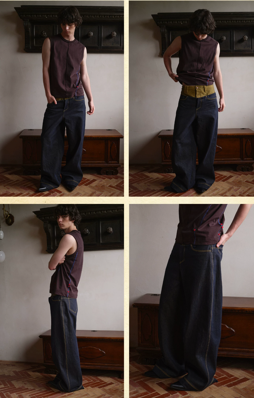 Tibetan Yellow Ember | Contrast Panel Wide-Leg Jeans