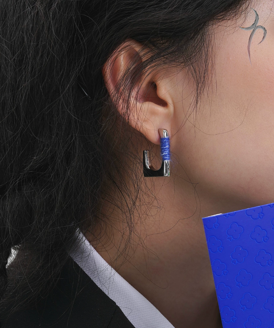 Blue Thread Hoop Earrings