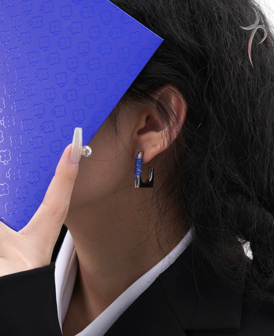 Blue Thread Hoop Earrings