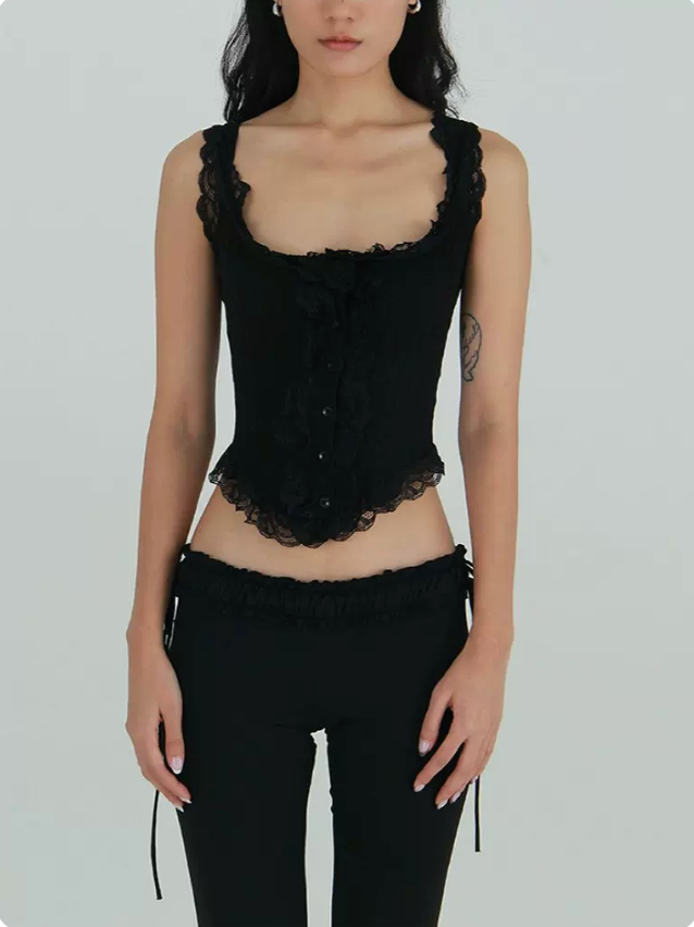 Lace Trim Pointelle Corset Tank