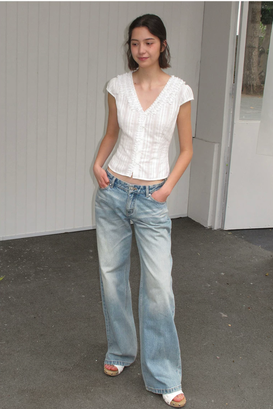 Textured Cotton Ruffle V-Neck Blouse