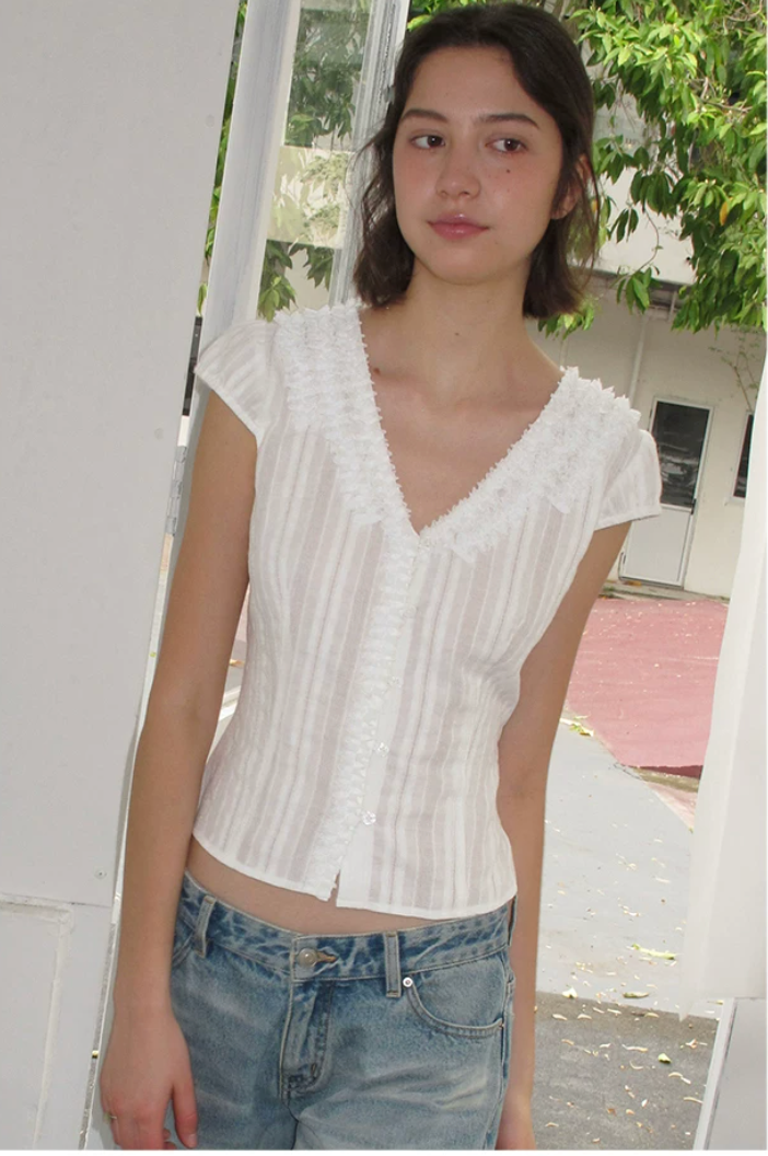 Textured Cotton Ruffle V-Neck Blouse