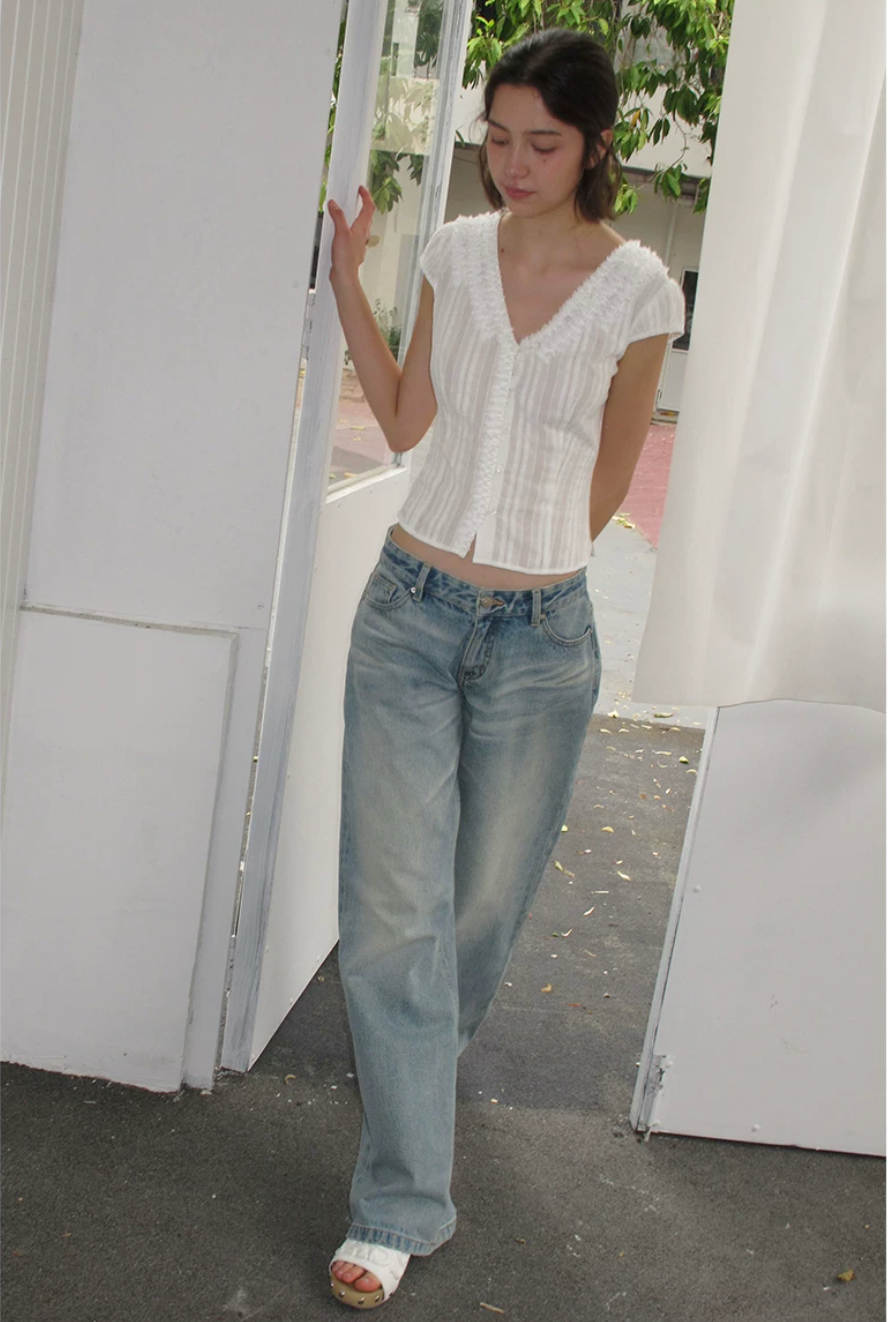 Textured Cotton Ruffle V-Neck Blouse