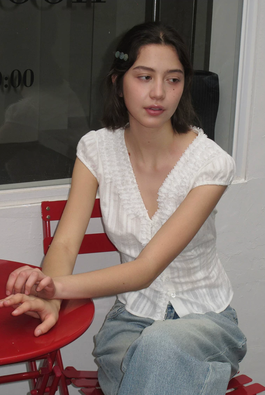 Textured Cotton Ruffle V-Neck Blouse