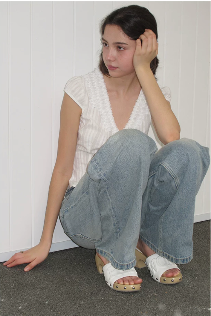 Textured Cotton Ruffle V-Neck Blouse