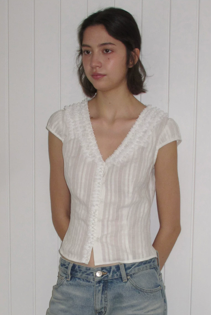 Textured Cotton Ruffle V-Neck Blouse