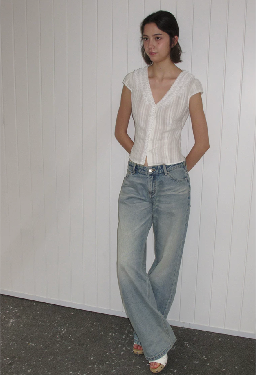 Textured Cotton Ruffle V-Neck Blouse