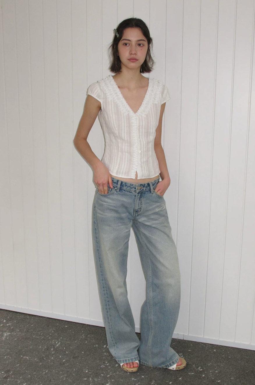 Textured Cotton Ruffle V-Neck Blouse