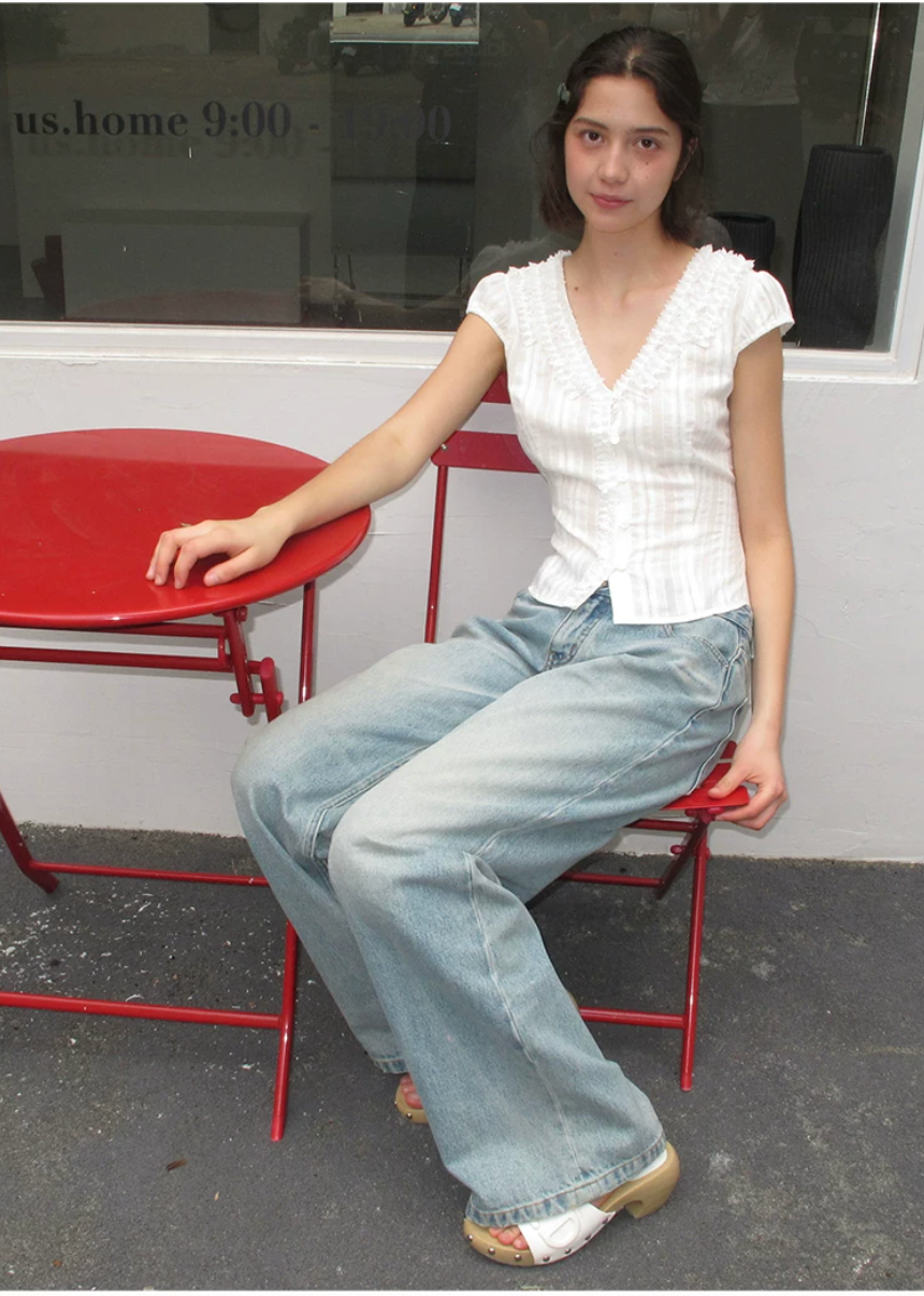 Textured Cotton Ruffle V-Neck Blouse