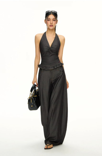 Ruched Halter Top & Fluid Wide-Leg Trouser Set